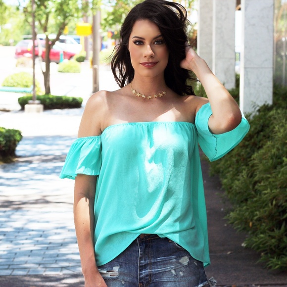 Mint Green Off Shoulder Top - Picture 3 of 3